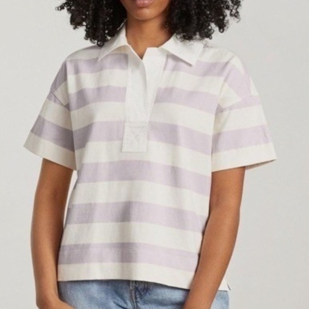 Everlane Striped The Retro Jersey Polo in Lavender and White